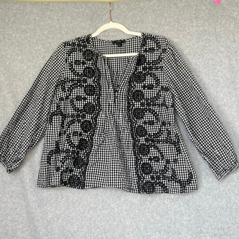 J.Crew Black White Gingham Embroidered Blouse Large